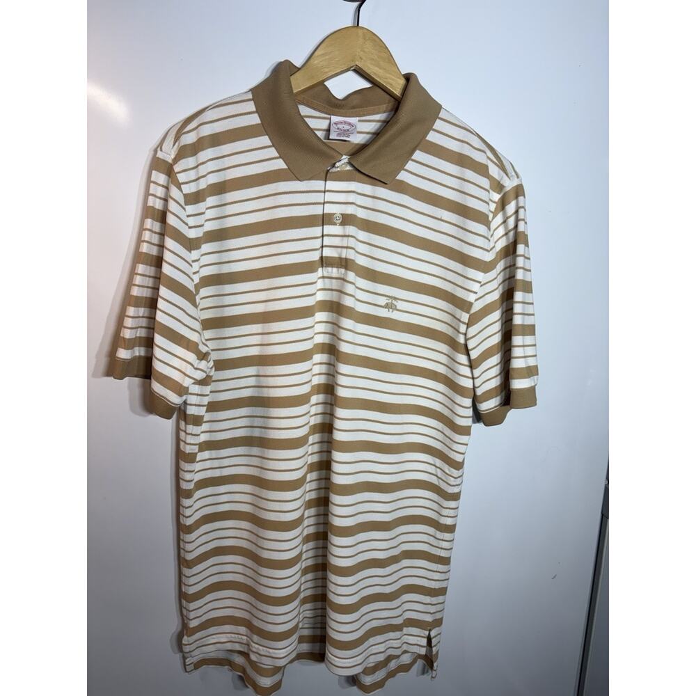 BROOKS BROTHERS 346 Original Fit Polo Shirt Men's Sz L White Tan Stripe